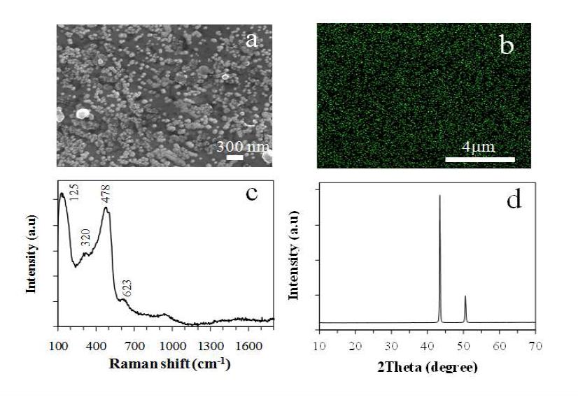 (a) 증착된 Si-Cu 박막전극의 SEM 표면 이미지, (b) Si(초록색), Cu(검은색)의 electron mapping, (c) Raman 스펙트럼과 (d) XRD 패턴