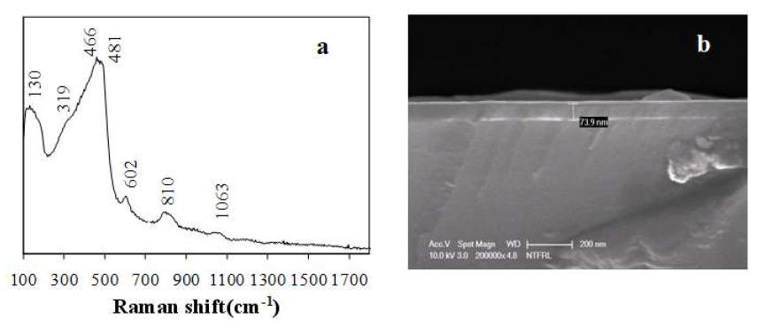 PLD로 제작된 실리콘 산화물 박막의 (a) Raman 스펙트럼, (b) SEM 횡단면 이미지