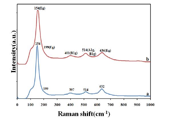 (a) 첨가제를 넣지 않고 합성, (b) NH4OH, pH=7에서 합성한 anatase의 Raman 스펙트라