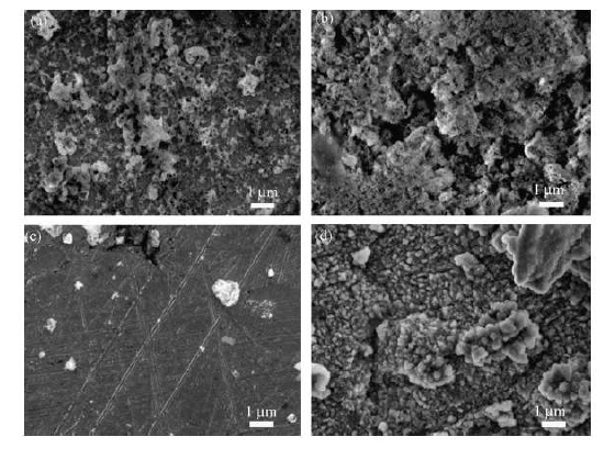 SEM images of surface morphology for the Si films (a) on smooth Cu and (b) on etched Cu obtained after 200 cycles without silane, and the films (c) on smooth Cu and (d) on etched Cu obtained after cycling with silane.