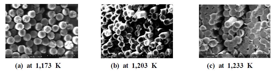 SEM photographs(×1,500) of the C/C composites after the infiltration reactions at (a)1,173K, (b) 1,203K, and (c) 1,233K. Other conditions: 3hrs, 30torr, and 30cc/min C3H8.