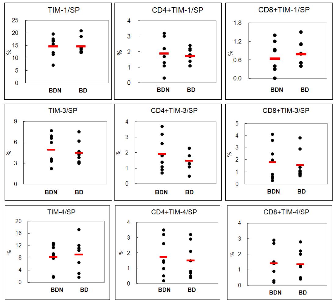 FACS analysis for the frequencies of Tim1, Tim3, and Tim4 positive cells in splenocytes from BDN and BD mice