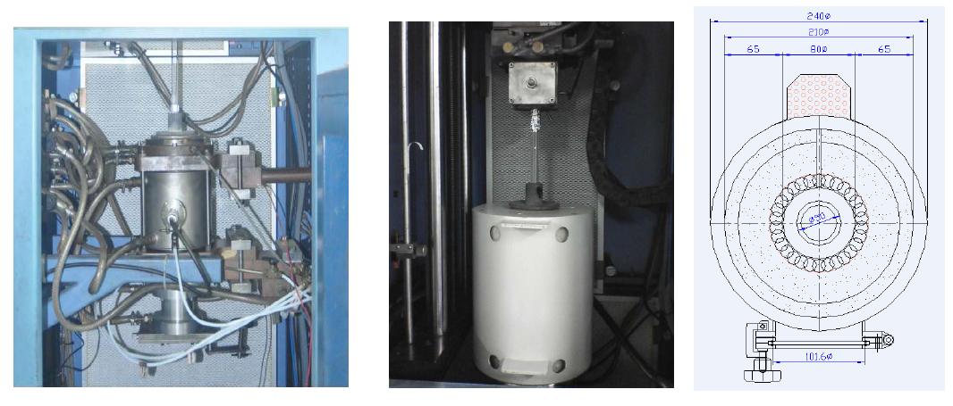 광섬유 제조실험에 사용된 (좌) 일반 실리카 광섬유 제조용 고온용 흑연 전기로 사진 및 (우) 저융점 유리 광섬유 제조를 위한 저온 전기로와 도면