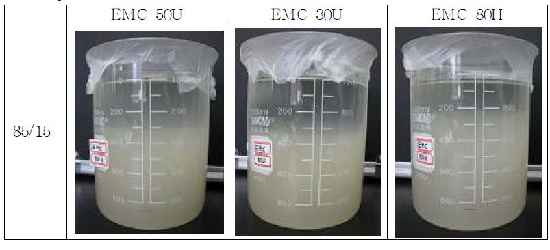 The solubility test result of EMC products with different viscosity level in 85/15 acetone/water mixture.