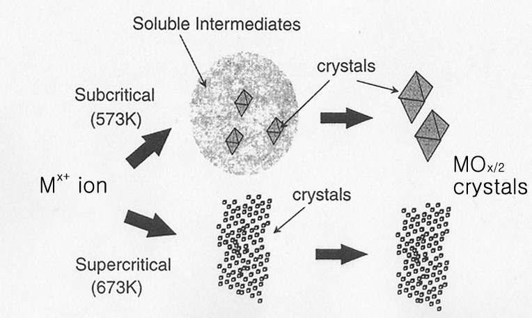 일반적인 수열합성법과 초임계 수열합성법의 금속 나노입자 형성 메커니즘 비교.