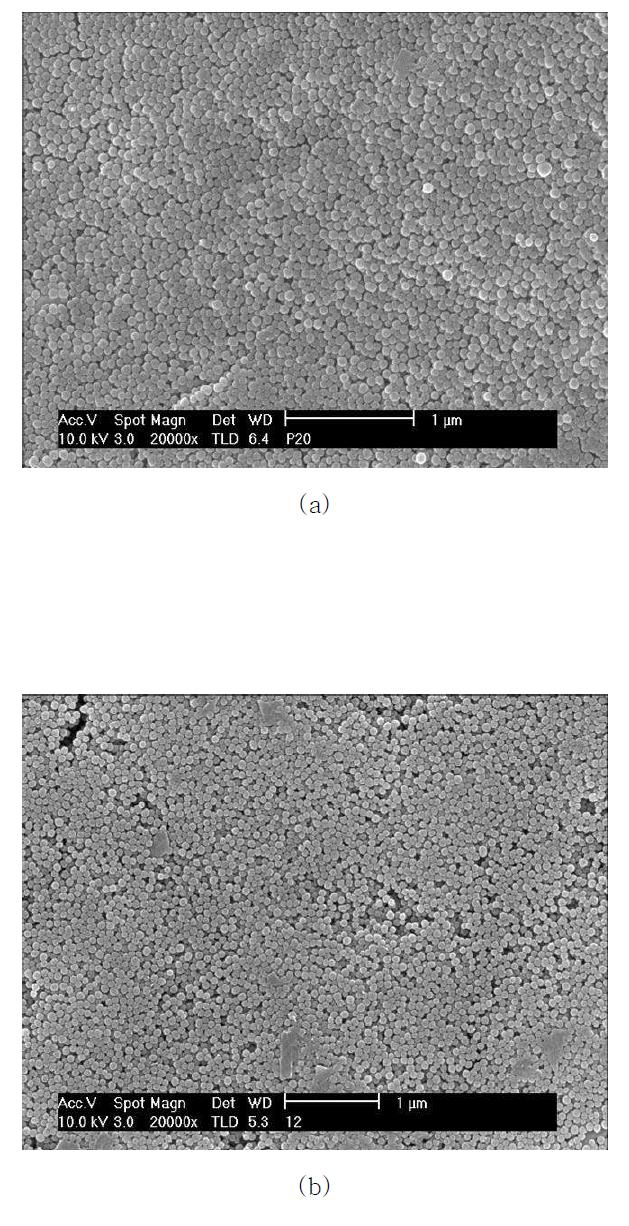 SEM images of the colloidal silica xerogels with different particle size.a) 70 nm, b) 100nm