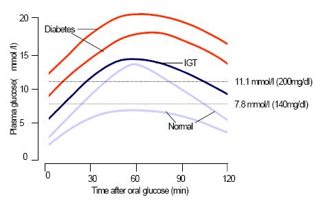 정상인, IGT, 당뇨병 환자의 OGTT 후 혈당 변화