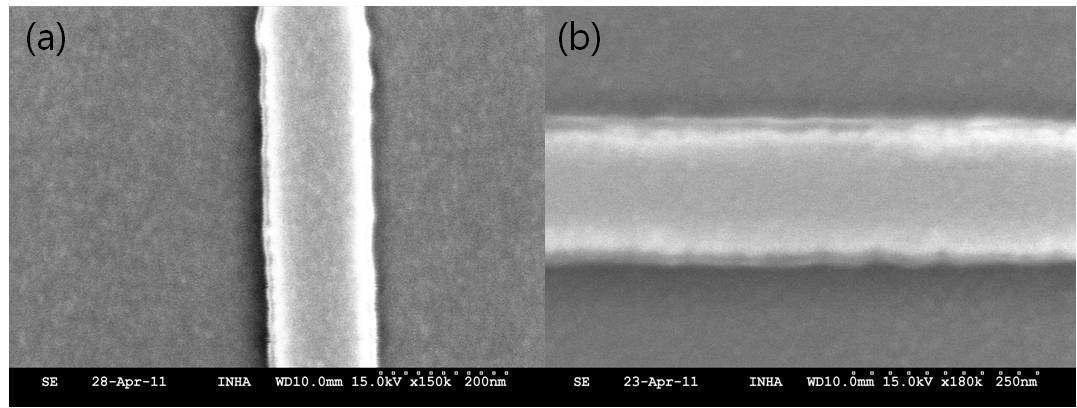그림 16(a). Si/SiO2(100 nm)/ER(100 nm)의 E-beam writing후의 폭 120 nm와 (b) 200 nm NiFe 나노선의 SEM Image