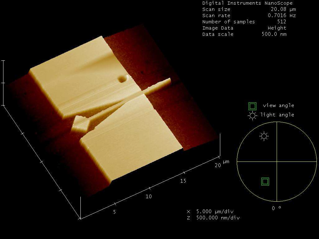 negative 공정으로 제작된 불균일 자기장 형성을 위한 기울기를 가진 강자성(NiFe) 패드와 나노선의 AFM 이미지