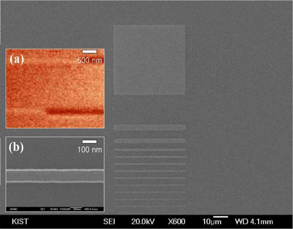 70 nm 부터 3 um 까지의 폭을 갖는 나노선들의 SEM 이미지.