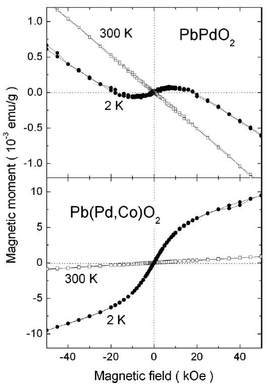 온도가 2 K (deg.)와 300 K (deg.) 일 때, PbPdO2와 PbPd0.9Co0.1O2의 자기 이력 곡선