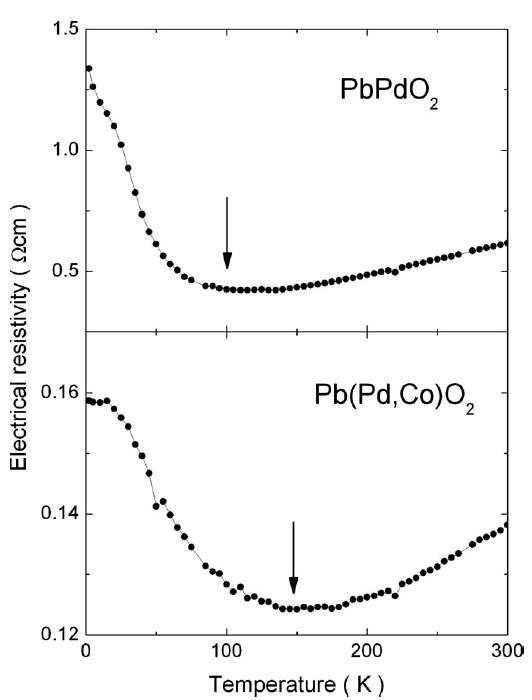 PbPdO2와 PbPd0.9Co0.1O2의 온도에 대한 전기저항.