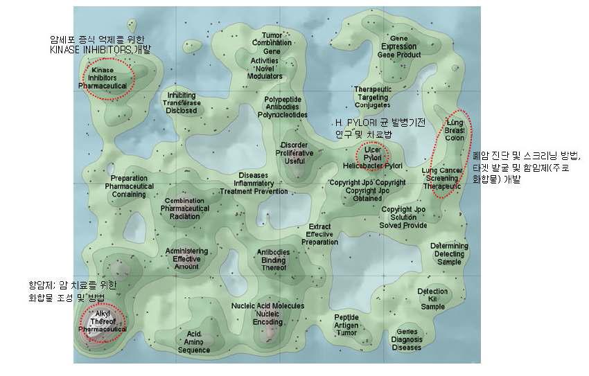 한국인 3대 암(위암, 간암, 폐암) 관련 특허 등고선