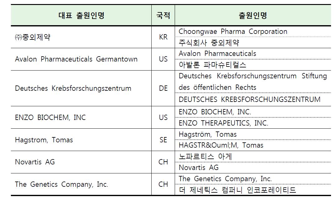 각 출원인별 대표 출원인명