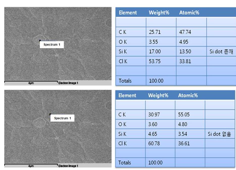 Si nano ribbon 영역과 UV curable bonding 물질 영역의 EDX 성분 분석 결과