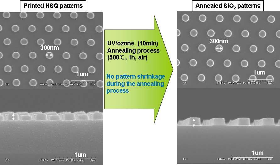 열처리 전의 HSQ 패턴과 열처리 후의 실리카 패턴의 SEM 사진