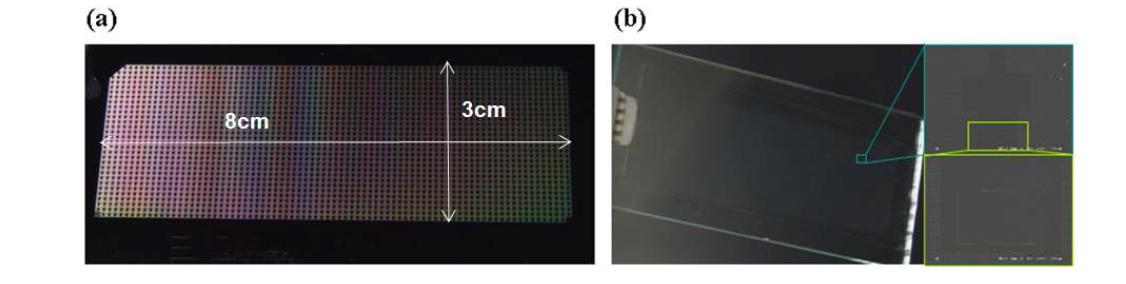 (a)TFT 소자 제작을 위한 임프린팅 몰드와 (b) 이를 직접 HSQ printing 기술을 이용하여 복제한 투명 실리카/quartz 몰드의 사진과 SEM 사진