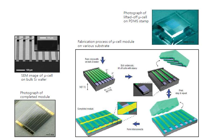 유연 PET 기판에 적용된 단결정 Si 마이크로셀 어레이 제작 과정
