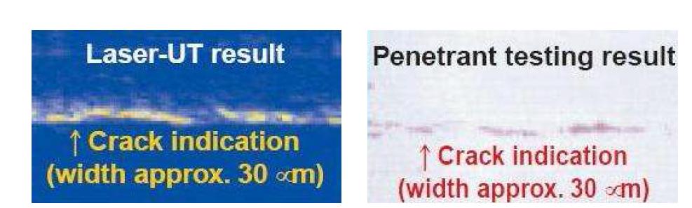 레이저를 이용한 초음파 결함검사와 penetration test의 비교