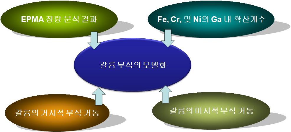 갈륨 부식 실험의 연구 결과 (EPMA 정량 분석, 부식의 거시 및 미시적 부식 거동)를 활용하여 갈륨 부식의 모델 성립 활용계획