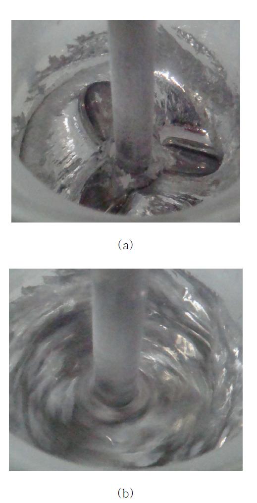 (a) 교반기를 돌리기 전에 impeller를 액체 갈륨 나노유체에 setting한 모습, (b) 교반기를 돌리는 상태의 액체 갈륨 나노유체의 모습