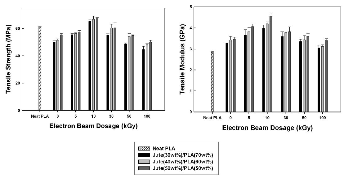 Tensile strength and modulus measured for random jute/PLA green composites with jute fibers treated at different electron beam dosages