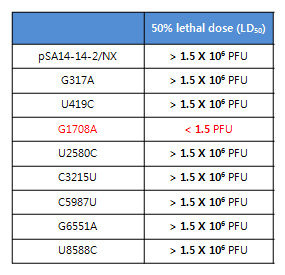 50% lethal dose(LD50). SA14-14-2NX로부터 만들어진 8개 mutant들의 LD50 수치.