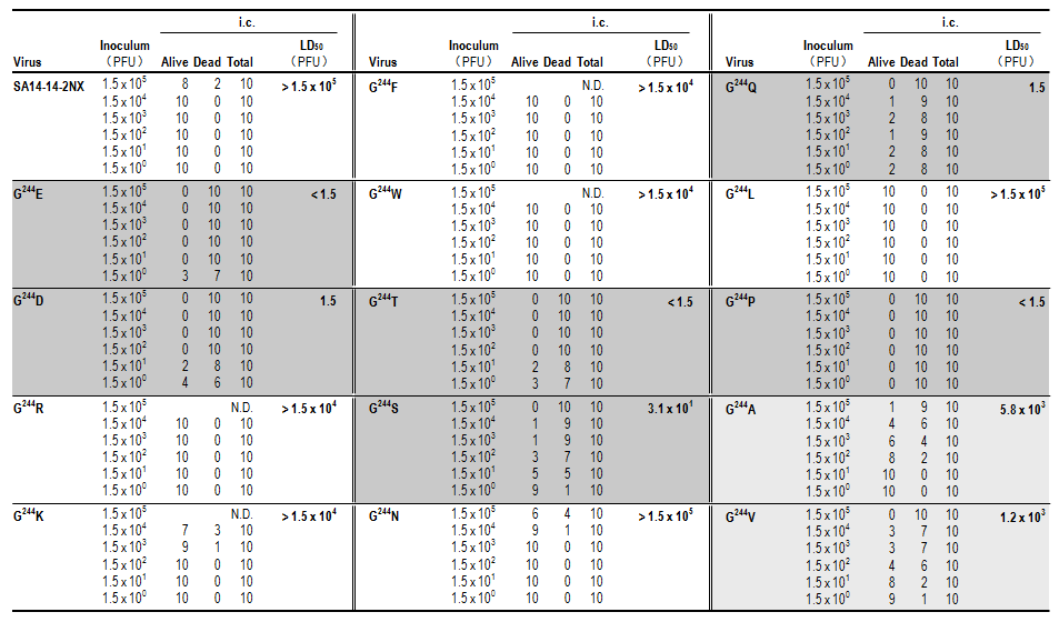 SA14-14-2NX와 13개 변이주의 LD50 분석결과