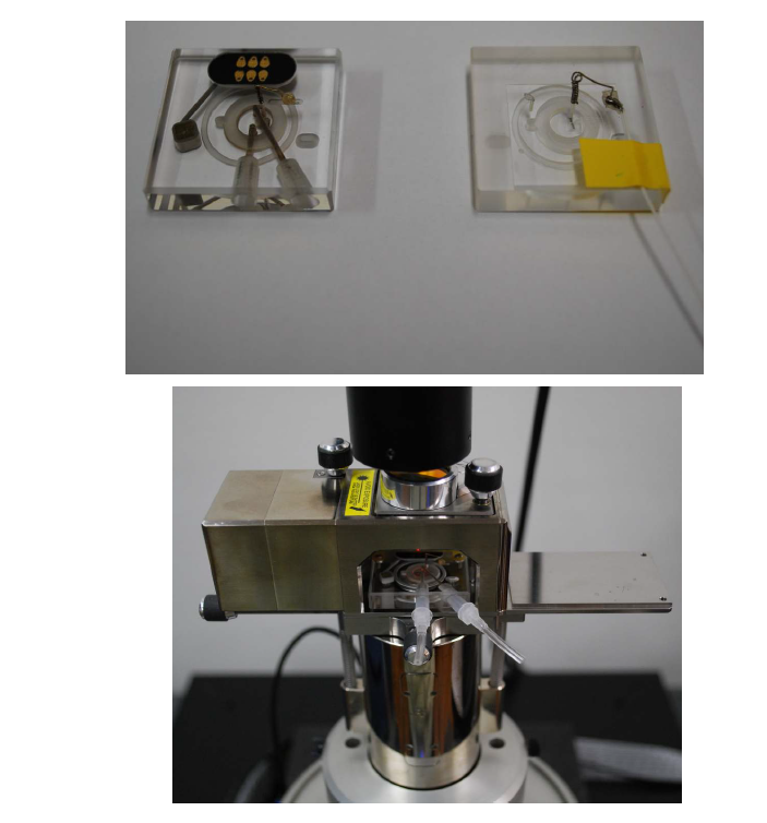 상좌) 상용의 liquid Cell, 상우) 본 연구팀이 직접 제작한 liquid Cell 하) 본 연구팀이 직접 제작한 Liquid Cell을 AFM에 마운트 시킨 모습.