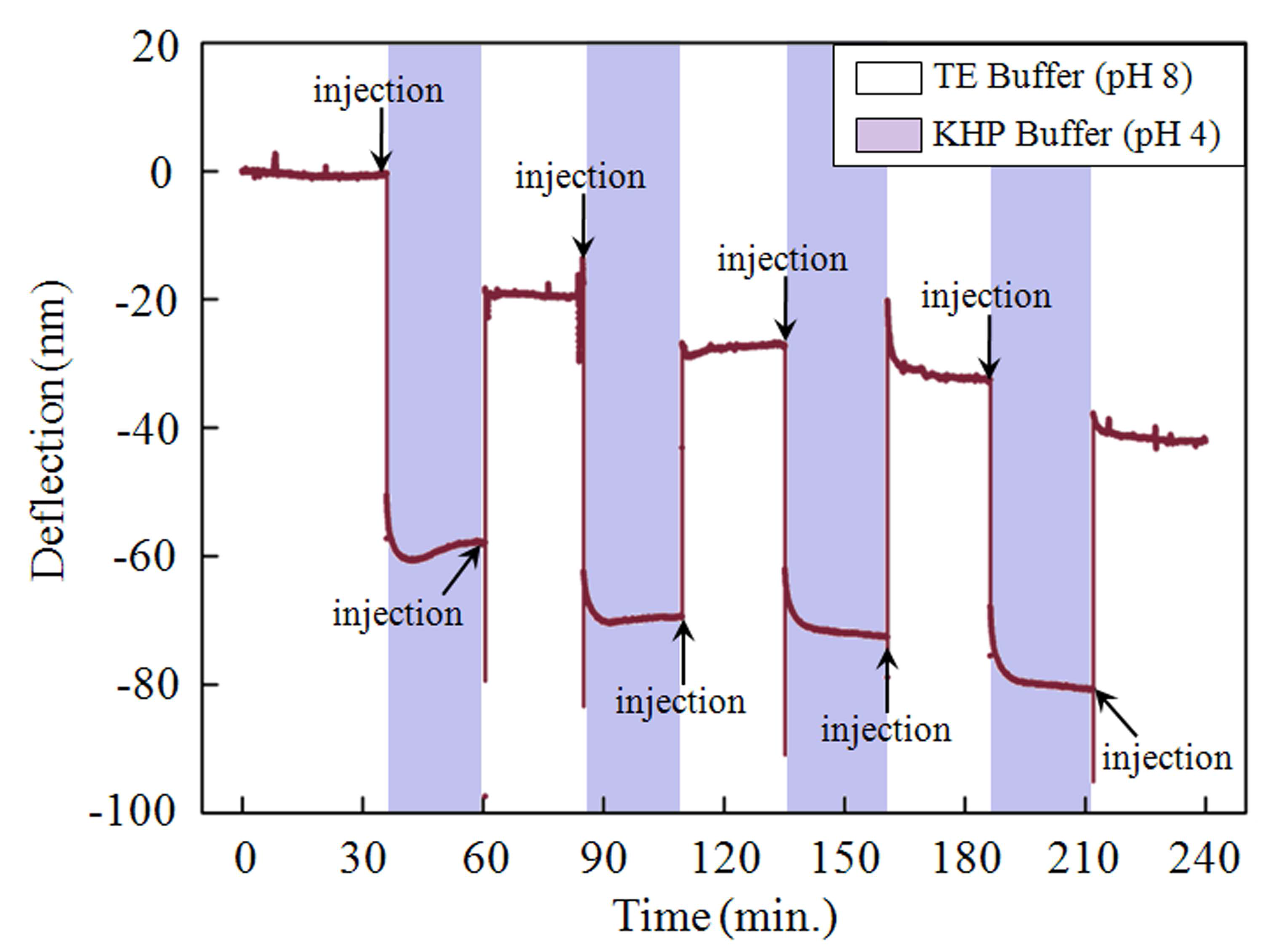 Cantilever bending deflection change driven by DNA conformational change due to pH change in high ionic concentration