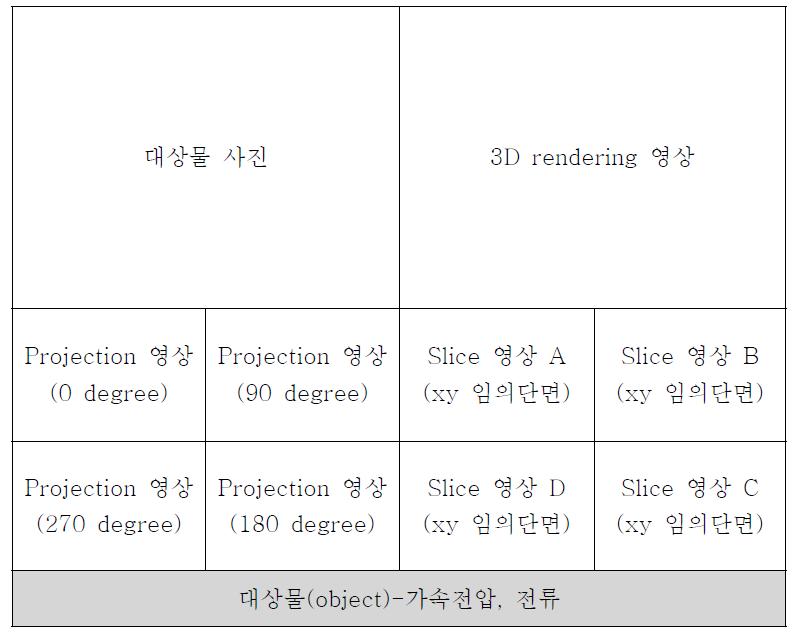 Micro-CT system으로 획득한 자료들을 정리한 배치표