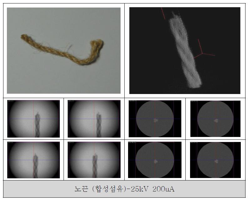 노끈 (합성섬유)의 사진, 3D rendering 영상, 위치별 투과영상, CT slice 영상