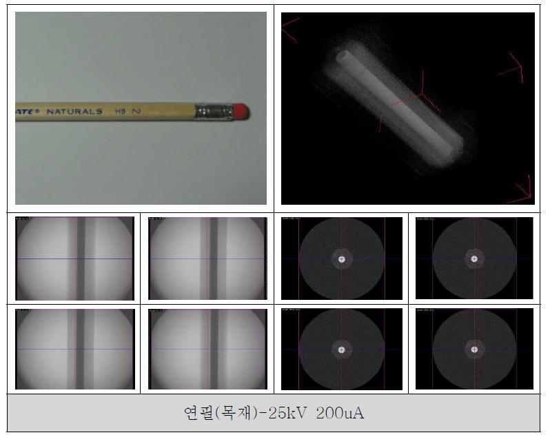 연필 (목재)의 사진, 3D rendering 영상, 위치별 투과영상, CT slice 영상