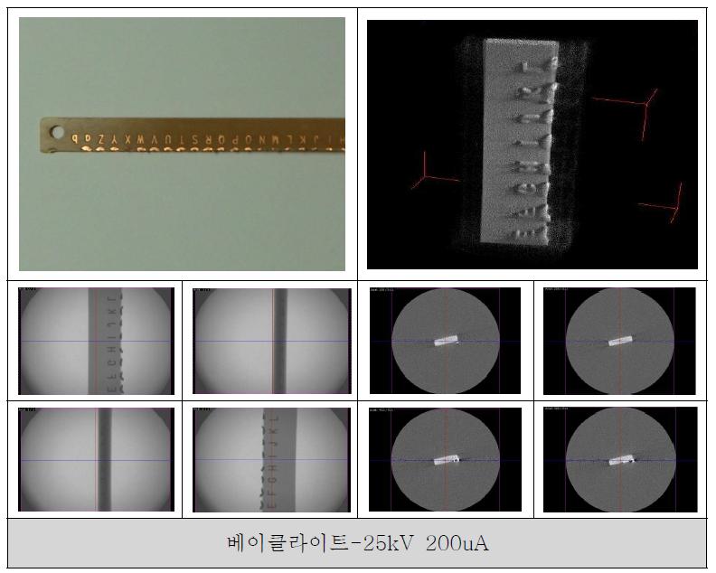 베이클라이트의 사진, 3D rendering 영상, 위치별 투과영상, CT slice 영상