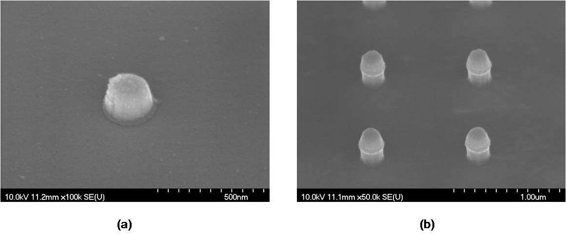 E-beam lithography 공정 SEM 사진 (a) etching 전 (b) etching 후