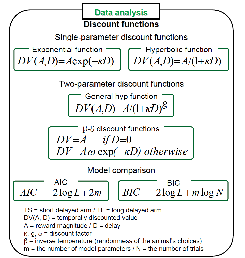 분석 방법. 4가지 다른 모델(exponential function, hyperbolic function, general hyperbolic function, β-δ discount function)의 수식 및 AIC와 BIC의 수식을 보여줌.