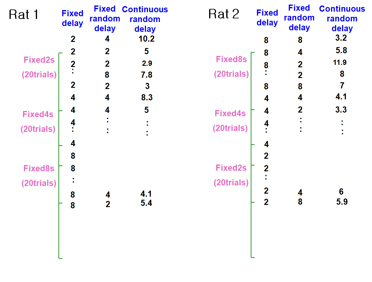 실험 진행 방법. Fixed delay, fixed random delay, continuous random delay 세 방식으로 time interval이 주어졌음(연구방법 참조).