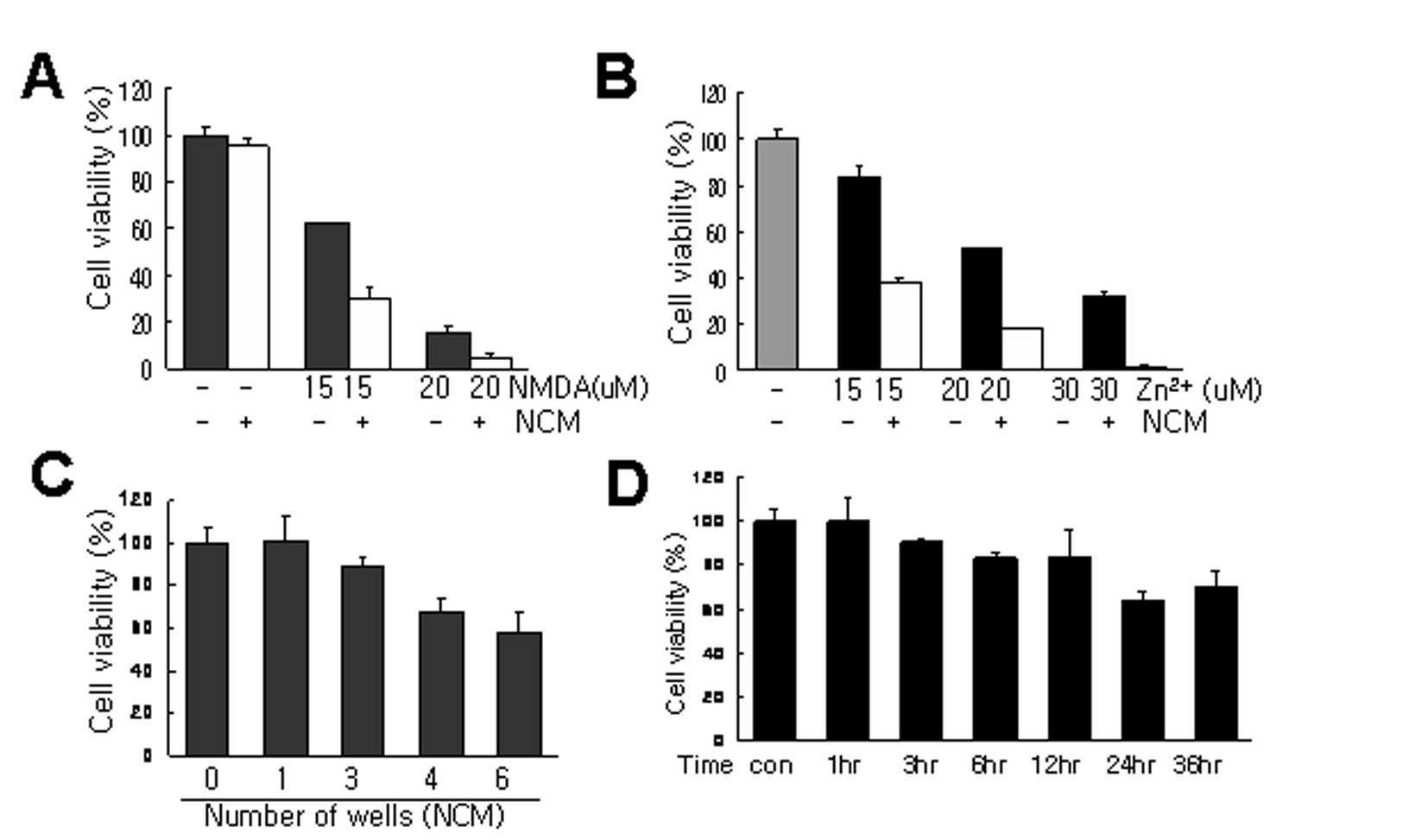 NMDA를 처리한 1차 배양 신경세포의 배양액을 낮은 농도의 NMDA (A),Zn(B), 혹은 독립적으로 처리한후 MTT assay로 신경세포 손상 확인. NMDA 처리 후 다양한 시간 경과 후의 효과 비교
