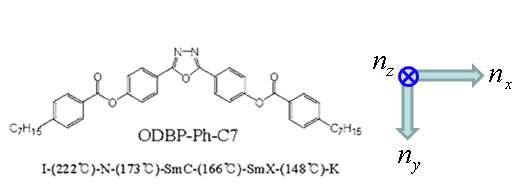 ODBP-Ph-C7 액정의 분자구조: 173°C∼222°C에서 네마틱 상 형성함.
