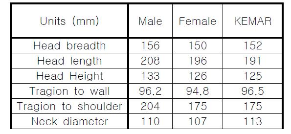 Head dimensions of the experimental dummies in millimeters