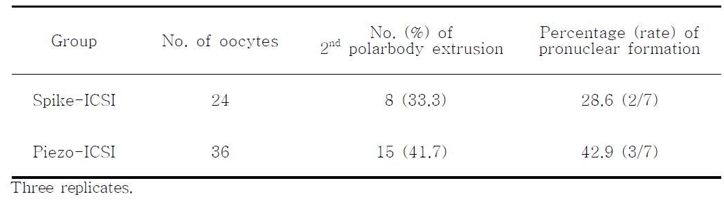 Spike-와 Piezo-ICSI 방법에 있어 제 2극체 방출과 전핵형성에 미치는 영향