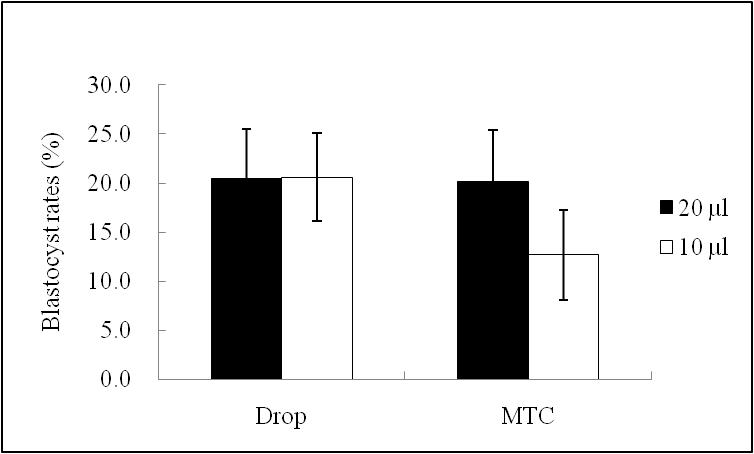 MTC 및 일반 미소적 (Drop) 내에서 체외배양 시 돼지 배반포 발달율