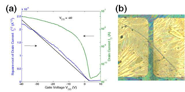 유기물 반도체의 전달 특성 곡선(VDS=-40V)과 금(Au)전극위에 결정화된 유기물 반도체 물질
