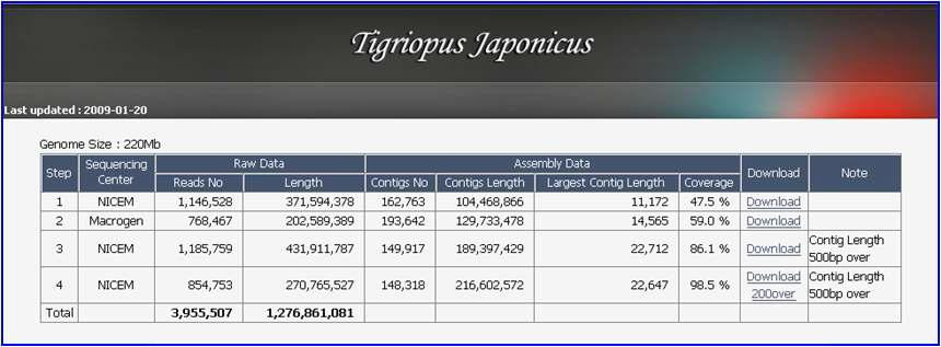 454 GS series를 통해 얻어낸 Tigriopus japonicus genome data 정보