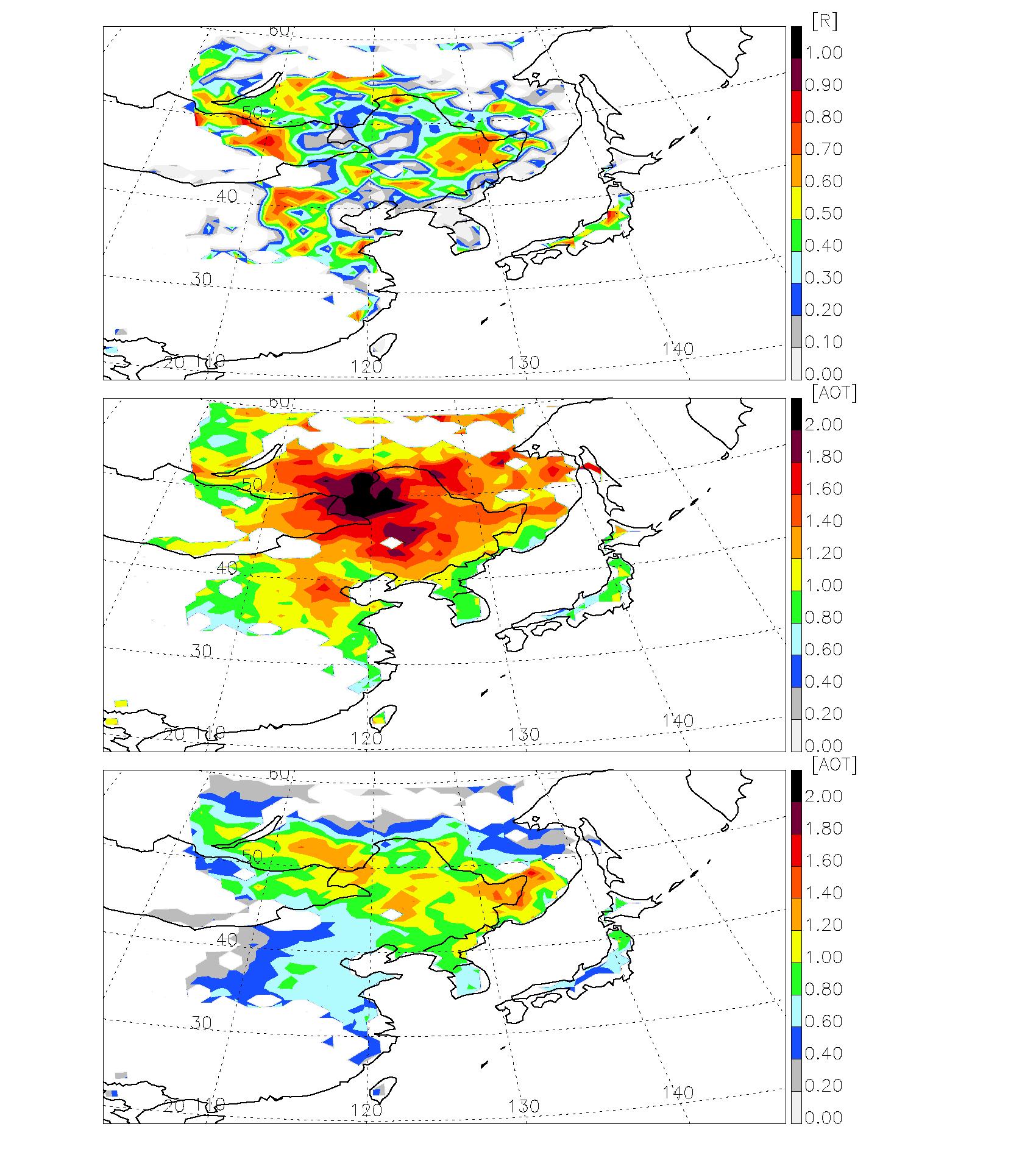 Comparison of the CMAQ model result (midle) and MODIS observation result (bottom) for May 2003. Upper plot is the correlation coefficient plot between the observation and modeling results.
