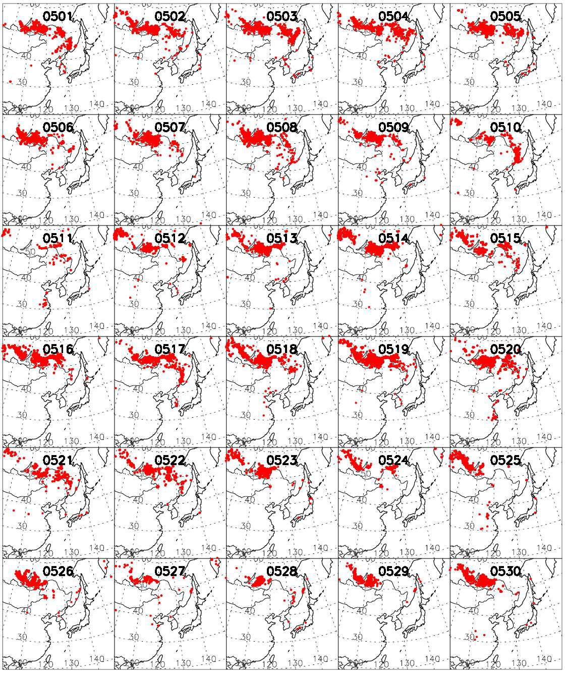 Locations of the hot spots which are detected by MODIS satellite in Northeast Asia between May 1 and 30, 2003.