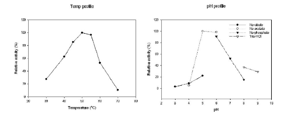 Effect of temperature on displayed ABG 9 activity in a 50 mM sodium acetate pH 5.0 and effect of pH on displayed ABG 9 activity at 50 ℃