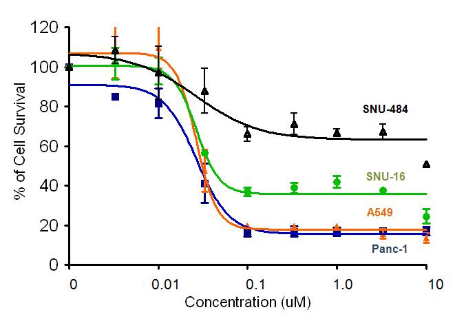 Growth inhibition curves with 17-AAG in various cancer cell lines.