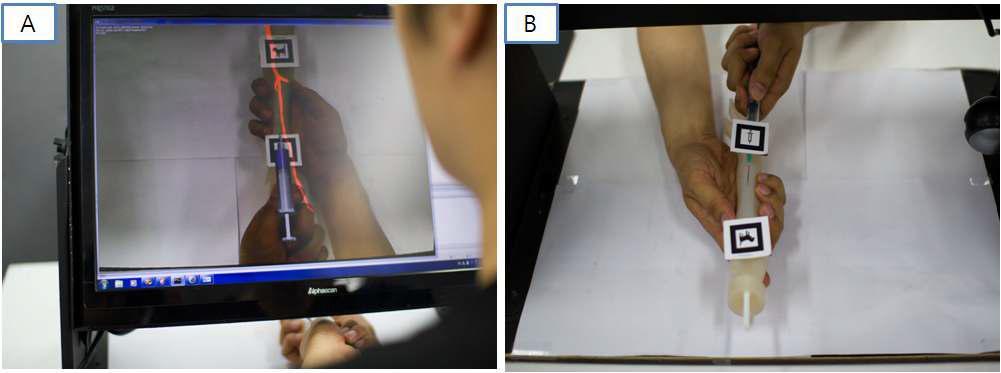 AR-based Haptic Work Bench 에서의 정맥 주사 시뮬레이션 작업 : (A) 사용자 작업화면, (B) 실제 실험장면