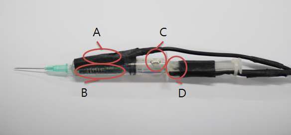 적외선 LED를 부착한 Haptic 주사기 : (A) 적외선 LED, (B) Gyro 센서, (C) 버튼, (D) Force-Feedback 발생용 모터